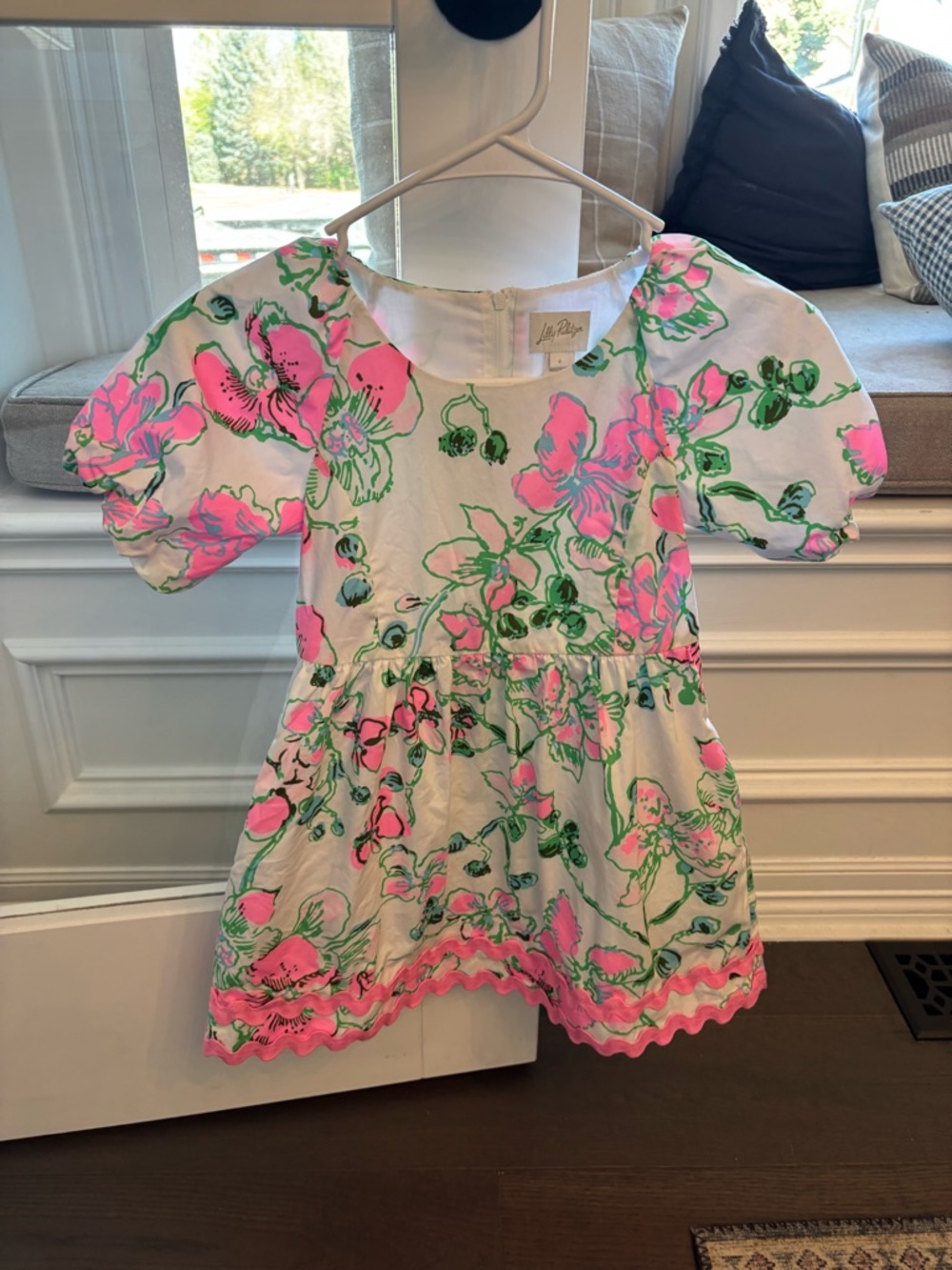 Lilly Pulitzer Little Girls Floral Puff Sleeve Dress in Pink & Green on White